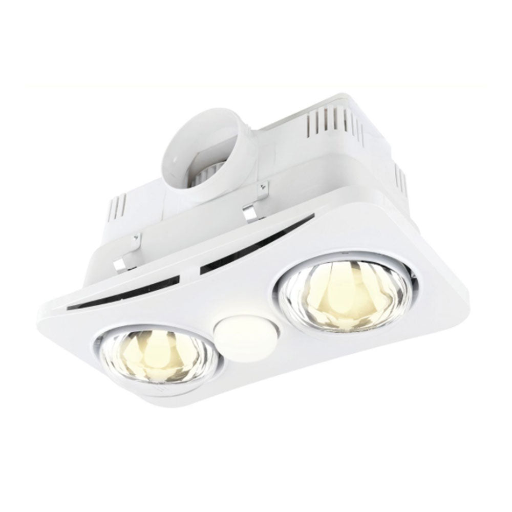 Brilliant 3 In 1 NEWTON Bathroom Heater Lamp Light & Exhaust Fan With 2 Heat & 1 LED Light & Complete Ducting Kit White