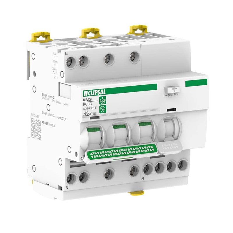 Clipsal MAX9 Residual Current Device RCBO With Overcurrent Protection C Curve 5 Module 3 Pole + Neutral Type A 30mA 6kA