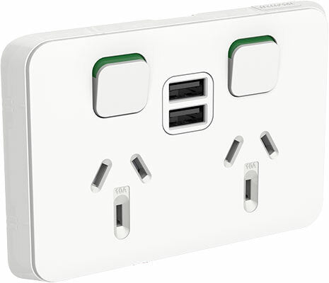 Clipsal 10 Amp ICONIC Double Internal Powerpoint With Shutter & Dual USB Charger Vivid White